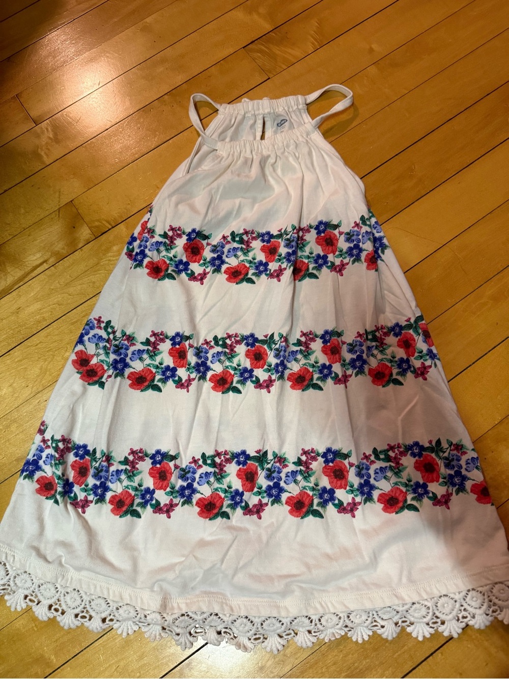 Old Navy White Halter Dress with Red and Blue Floral Trim